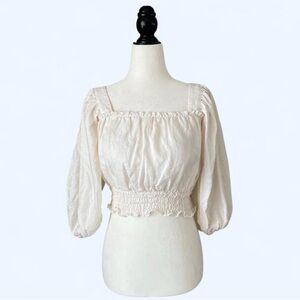 Forever Young White Peasant Linen Boho Fairy Milkmaid Smocked Crop Top Small